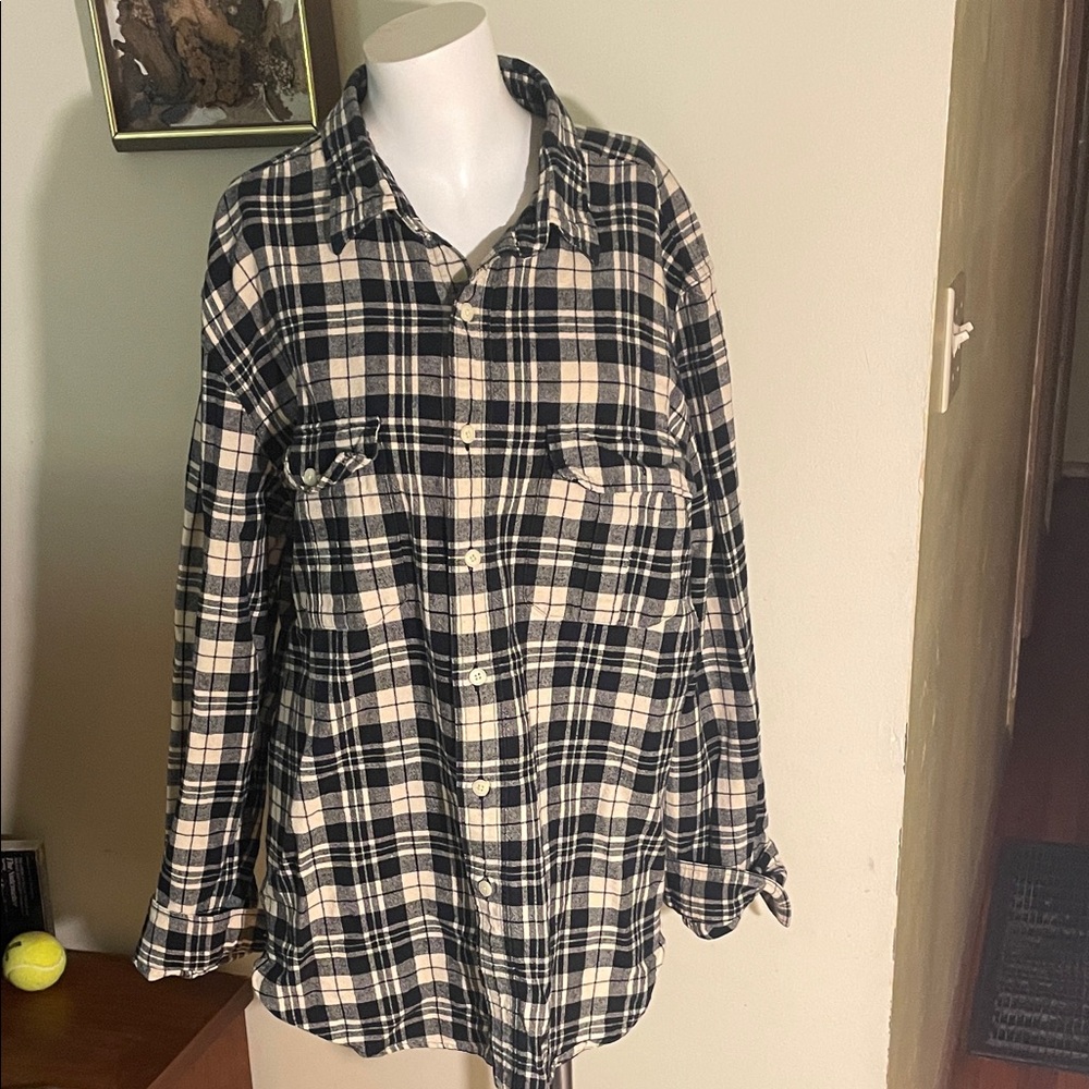 J. Crew Men’s Cotton Black and Cream Plaid Button-Up Shirt